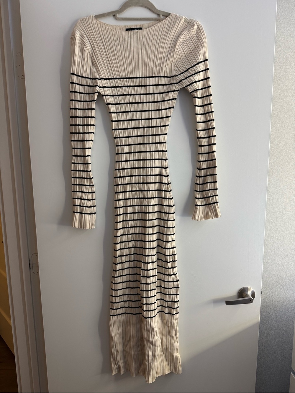 Cream and Black Striped Ribbed Long Sleeve Maxi Dress